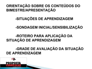 ORIENTAÇÃO SOBRE OS CONTEÚDOS DO BIMESTRE/APRESENTAÇÃO -SITUAÇÕES DE APRENDIZAGEM -SONDAGEM INICIAL/SENSIBILIZAÇÃO -ROTEIRO PARA APLICAÇÃO DA  SITUAÇÃO DE APRENDIZAGEM -GRADE DE AVALIAÇÃO DA SITUAÇÃO DE APRENDIZAGEM 