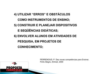 4) UTILIZAR “ERROS” E OBSTÁCULOS COMO INSTRUMENTOS DE ENSINO; 5) CONSTRUIR E PLANEJAR DISPOSITIVOS E SEQÜÊNCIAS DIDÁTICAS; 6) ENVOLVER ALUNOS EM ATIVIDADES DE PESQUISA, EM PROJETOS DE CONHECIMENTO; PERRENOUD, P. Dez novas competências para Ensinar, Porto Alegre, Artmed, 2000 