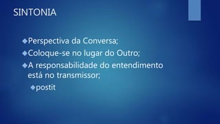 SINTONIA
Perspectiva da Conversa;
Coloque-se no lugar do Outro;
A responsabilidade do entendimento
está no transmissor;
postit
 