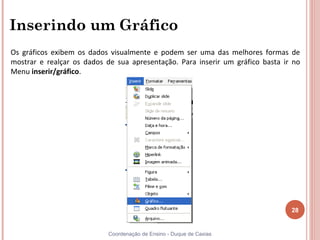 Inserindo um Gráfico
Os gráficos exibem os dados visualmente e podem ser uma das melhores formas de
mostrar e realçar os dados de sua apresentação. Para inserir um gráfico basta ir no
Menu inserir/gráfico.




                                                                                28


                            Coordenação de Ensino - Duque de Caxias
 