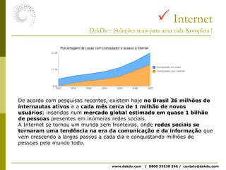  InternetDekDu – Soluções reais para uma vida Kompleta !De acordo com pesquisas recentes, existem hoje no Brasil 36 milhões de internautas ativos e a cada mês cerca de 1 milhão de novos usuários; inseridos num mercado global estimado em quase 1 bilhão de pessoas presentes em inúmeras redes sociais. A Internet se tornou um mundo sem fronteiras, onde redes sociais se tornaram uma tendência na era da comunicação e da informação que vem crescendo a largos passos a cada dia e conquistando milhões de pessoas pelo mundo todo. www.dekdu.com   /  0800 33538 266 /  contato@dekdu.com 