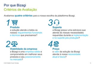© 2014 Deloitte ToucheTohmatsu 
14 
Critérios de Avaliação 
Por que Bizagi 
Avaliamos quatro critérios para a nossa escolha da plataforma Bizagi. 
1 
2 
Produto 
a solução atende a todos os nossos requerimentos funcionais e técnicos que precisamos? 
Viabilidade da empresa 
a Bizagié uma empresa sólida e comprometida em melhorar seus produtos e seu posicionamento no mercado? 
3 
4 
Suporte 
a Bizagipossui uma estrutura que atenda às nossas necessidades requeridas durante a implementação e no suporte pós produção? 
Preço 
o valorda solução da Bizagiatende à nossa necessidade atual e futura?  