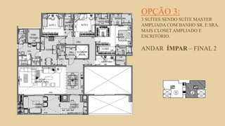 FORÇA 
Elaboração: IM Gafisa 
OPÇÃO 3: 3 SUÍTES SENDO SUÍTE MASTER AMPLIADA COM BANHO SR. E SRA. MAIS CLOSET AMPLIADO E ESCRITÓRIO. ANDAR ÍMPAR – FINAL 2  