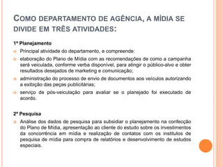 COMO DEPARTAMENTO DE AGÊNCIA, A MÍDIA SE
DIVIDE EM TRÊS ATIVIDADES:
1ª Planejamento
 Principal atividade do departamento, e compreende:
 elaboração do Plano de Mídia com as recomendações de como a campanha
será veiculada, conforme verba disponível, para atingir o público-alvo e obter
resultados desejados de marketing e comunicação;
 administração do processo de envio de documentos aos veículos autorizando
a exibição das peças publicitárias;
 serviço de pós-veiculação para avaliar se o planejado foi executado de
acordo.
2ª Pesquisa
 Análise dos dados de pesquisa para subsidiar o planejamento na confecção
do Plano de Mídia, apresentação ao cliente do estudo sobre os investimentos
da concorrência em mídia e realização de contatos com os institutos de
pesquisa de mídia para compra de relatórios e desenvolvimento de estudos
especiais.
 
