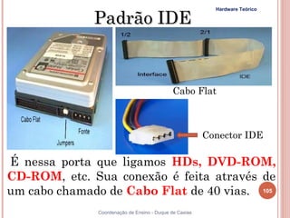 Padrão IDE
                                                          Hardware Teórico




                                             Cabo Flat



                                                        Conector IDE

É nessa porta que ligamos HDs, DVD-ROM,
CD-ROM, etc. Sua conexão é feita através de
um cabo chamado de Cabo Flat de 40 vias. 105
              Coordenação de Ensino - Duque de Caxias
 