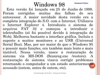 Windows 98                                Hardware Prático



   Esta versão foi lançada em 25 de Junho de 1998.
Foram corrigidas muitas das falhas do seu
antecessor. A maior novidade desta versão era a
completa integração do S.O. com a Internet. Utilizava
o Internet Explorer 4. Introduziu o sistema de
arquivos FAT 32 e começou a introduzir o
teletrabalho (só foi possível devido à integração do
Web). Melhorou bastante a interface gráfica. Incluiu o
suporte a muitos monitores e ao USB (Universal
Serial Bus). Mas, por ser maior do que o Windows 95
e possuir mais funções, era também mais lento e mais
instável. Nessa versão, nasce a restauração de
sistema via MS-DOS (Scanreg.exe /restore). A
restauração de sistema visava corrigir problemas
retornando o computador a um estado anteriormente   136
acessado (ontem, antes de ontem, etc).
                  Coordenação de Ensino - Duque de Caxias
 