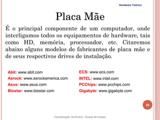 Hardware Teórico




                            Placa Mãe
É o principal componente de um computador, onde
interligamos todos os equipamentos de hardware, tais
como HD, memória, processador, etc. Citaremos
abaixo alguns modelos de fabricantes de placa mãe e
de seus respectivos drives de instalação.

 Abit: www.abit.com                       ECS: www.ecs.com
 Asrock: www.asrockamerica.com            INTEL: www.intel.com
 Asus: www.asus.com                       PCChips: www.pcchips.com
 Biostar: www.biostar.com                 Gigabyte: www.gigabyte.com


                                                                                     20


20                      Coordenação de Ensino - Duque de Caxias
 