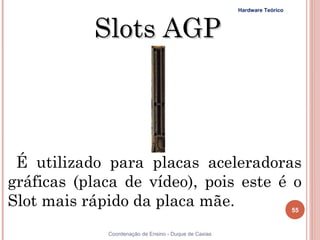 Hardware Teórico



           Slots AGP



 É utilizado para placas aceleradoras
gráficas (placa de vídeo), pois este é o
Slot mais rápido da placa mãe.                                            55


55           Coordenação de Ensino - Duque de Caxias
 