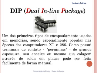 Hardware Teórico




     DIP (Dual In-line Package)



Um dos primeiros tipos de encapsulamento usados
em memórias, sendo especialmente popular nas
épocas dos computadores XT e 286. Como possui
terminais de contato - "perninhas" - de grande
espessura, seu encaixe ou mesmo sua colagem
através de solda em placas pode ser feita
facilmente de forma manual.
65              Coordenação de Ensino - Duque de Caxias
 