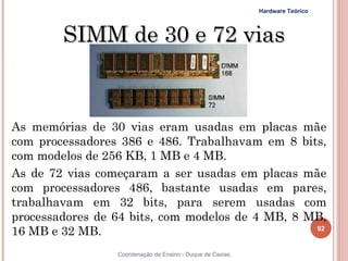 Hardware Teórico



          SIMM de 30 e 72 vias



 As memórias de 30 vias eram usadas em placas mãe
 com processadores 386 e 486. Trabalhavam em 8 bits,
 com modelos de 256 KB, 1 MB e 4 MB.
 As de 72 vias começaram a ser usadas em placas mãe
 com processadores 486, bastante usadas em pares,
 trabalhavam em 32 bits, para serem usadas com
 processadores de 64 bits, com modelos de 4 MB, 8 MB,
 16 MB e 32 MB.                                            92


92                 Coordenação de Ensino - Duque de Caxias
 