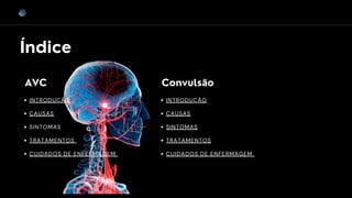 Índice
INTRODUÇÃO
CAUSAS
SINTOMAS
TRATAMENTOS
CUIDADOS DE ENFERMAGEM
INTRODUÇÃO
CAUSAS
SINTOMAS
CUIDADOS DE ENFERMAGEM
TRATAMENTOS
AVC Convulsão
 