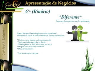 Paga nas duas pernas e no derramamento 
Nosso Binário é bem simples e muito promissor! 
Diferente de todos os demais Binários, o nosso te bonifica: 
* Cada vez que alguém entra em sua rede. 
* Tanto no lado esquerdo ou direito. 
* Não importa se indicado direto por você 
* Ou por seus indicados indiretos. 
* Ou derramamento. 
Veja no exemplo a seguir. 
 