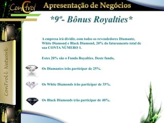  A empresa irá dividir, com todos os revendedores Diamante, 
White Diamond e Black Diamond, 20% do faturamento total de 
sua CONTA NÚMERO 1. 
 Estes 20% são o Fundo Royalties. Deste fundo, 
 Os Diamantes irão participar de 25%. 
 Os White Diamonds irão participar de 35%. 
 Os Black Diamonds irão participar de 40%. 
 
