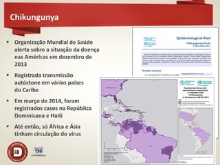 Chikungunya 
Organização Mundial de Saúde alerta sobre a situação da doença nas Américas em dezembro de 2013 
Registrada transmissão autóctone em vários países do Caribe 
Em março de 2014, foram registrados casos na República Dominicana e Haiti 
Até então, só África e Ásia tinham circulação do vírus  