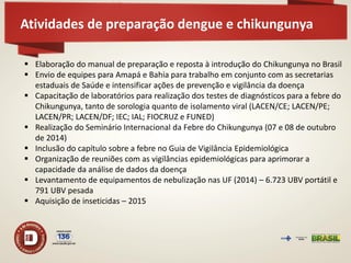 Atividades de preparação dengue e chikungunya 
Elaboração do manual de preparação e reposta à introdução do Chikungunya no Brasil 
Envio de equipes para Amapá e Bahia para trabalho em conjunto com as secretarias estaduais de Saúde e intensificar ações de prevenção e vigilância da doença 
Capacitação de laboratórios para realização dos testes de diagnósticos para a febre do Chikungunya, tanto de sorologia quanto de isolamento viral (LACEN/CE; LACEN/PE; LACEN/PR; LACEN/DF; IEC; IAL; FIOCRUZ e FUNED) 
Realização do Seminário Internacional da Febre do Chikungunya (07 e 08 de outubro de 2014) 
Inclusão do capítulo sobre a febre no Guia de Vigilância Epidemiológica 
Organização de reuniões com as vigilâncias epidemiológicas para aprimorar a capacidade da análise de dados da doença 
Levantamento de equipamentos de nebulização nas UF (2014) – 6.723 UBV portátil e 791 UBV pesada 
Aquisição de inseticidas – 2015  