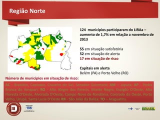 Região Norte 
124 municípios participaram do LIRAa – aumento de 1,7% em relação a novembro de 2013 55 em situação satisfatória 52 em situação de alerta 17 em situação de risco Capitais em alerta Belém (PA) e Porto Velho (RO) 
AC - Brasiléia, Capixaba, Cruzeiro do Sul, Senador Guiomard; AM – Japurá; AP - Pedra Branca do Amapari; RO - Alto Alegre dos Parecis, Monte Negro, Espigão D'Oeste, Alta Floresta D'Oeste, Alvorada D'Oeste, Campo Novo de Rondônia, Colorado do Oeste, Porto Velho, Urupá, Santa Luzia D'Oeste RR - São João da Baliza; TO – Araguatins. 
Número de municípios em situação de risco:  