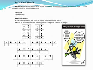 DECIFRE OS CÓDIGOS
Objetivo: desenvolver a atenção de figuras (símbolos), estimulando a mudanca de atitude para evitar
criacão de larvas do mosquito da dengue.
Material:
- papel sulfite
Desenvolvimento:
Cada criança receberá uma folha de sulfite, com o enunciado abaixo.
Decifre os códigos e descubra a mensagem deixada para o controle de dengue.
A  L 
C  N 
D  O 
E  P 
G  R 
I  U 
          
      
       
     
 
