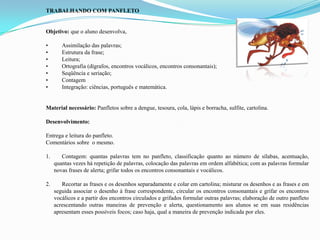 TRABALHANDO COM PANFLETO
Objetivo: que o aluno desenvolva,
• Assimilação das palavras;
• Estrutura da frase;
• Leitura;
• Ortografia (dígrafos, encontros vocálicos, encontros consonantais);
• Seqüência e seriação;
• Contagem
• Integração: ciências, português e matemática.
Material necessário: Panfletos sobre a dengue, tesoura, cola, lápis e borracha, sulfite, cartolina.
Desenvolvimento:
Entrega e leitura do panfleto.
Comentários sobre o mesmo.
1. Contagem: quantas palavras tem no panfleto, classificação quanto ao número de sílabas, acentuação,
quantas vezes há repetição de palavras, colocação das palavras em ordem alfabética; com as palavras formular
novas frases de alerta; grifar todos os encontros consonantais e vocálicos.
2. Recortar as frases e os desenhos separadamente e colar em cartolina; misturar os desenhos e as frases e em
seguida associar o desenho à frase correspondente, circular os encontros consonantais e grifar os encontros
vocálicos e a partir dos encontros circulados e grifados formular outras palavras; elaboração de outro panfleto
acrescentando outras maneiras de prevenção e alerta, questionamento aos alunos se em suas residências
apresentam esses possíveis focos; caso haja, qual a maneira de prevenção indicada por eles.
 