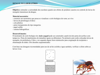 DENGUE NO LABORATÓRIO
Objetivo: estimular a curiosidade dos escolares quanto aos efeitos de produtos caseiros no controle de larvas do
mosquito transmissor da dengue.
Material necessário:
- construir um mostruário que possa se vizualizar o ciclo biológico do vetor, ao vivo
- larvas de pernilongos (Cúlex)
- cola plástica
- potes transparentes do tipo margarina
- papel sulfite
- canetas hidrográficas
Desenvolvimento:
O mostruário do ciclo biológico do Aedes aegypti pode ser construído a partir de dois potes de acrílico com
tampa (ex. Potes de mantimentos de tamanhos iguais ou diferentes). No primeiro pote serão colocadas larvas de
mosquito, de preferência, Cúlex, e no segundo alguns furos minúsculos para oxigenação do recipiente e
alimentação do alado. (Ver desenho esquematizado)
Com base nas dosagens recomendadas para uso de sal de cozinha e água sanitária, verificar o efeito sobre as
larvas vivas.
 