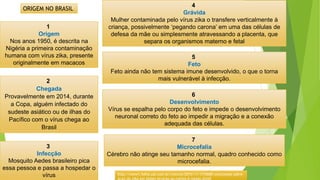 ORIGEM NO BRASIL
1
Origem
Nos anos 1950, é descrita na
Nigéria a primeira contaminação
humana com vírus zika, presente
originalmente em macacos
2
Chegada
Provavelmente em 2014, durante
a Copa, alguém infectado do
sudeste asiático ou de ilhas do
Pacífico com o vírus chega ao
Brasil
3
Infecção
Mosquito Aedes brasileiro pica
essa pessoa e passa a hospedar o
vírus
4
Grávida
Mulher contaminada pelo vírus zika o transfere verticalmente à
criança, possivelmente ‘pegando carona’ em uma das células de
defesa da mãe ou simplesmente atravessando a placenta, que
separa os organismos materno e fetal
5
Feto
Feto ainda não tem sistema imune desenvolvido, o que o torna
mais vulnerável à infecção.
6
Desenvolvimento
Vírus se espalha pelo corpo do feto e impede o desenvolvimento
neuronal correto do feto ao impedir a migração e a conexão
adequada das células.
7
Microcefalia
Cérebro não atinge seu tamanho normal, quadro conhecido como
microcefalia.
http://www1.folha.uol.com.br/ciencia/2015/11/1710685-conclusoes-sobre-
acao-do-zika-em-bebes-levarao-ao-menos-6-meses.shtml
 