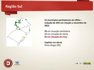 Região Sul 
52 municípios participaram do LIRAa – redução de 20% em relação a novembro de 2013 33 em situação satisfatória 17 em situação de alerta 02 em situação de risco Capitais em alerta Porto Alegre (RS)  