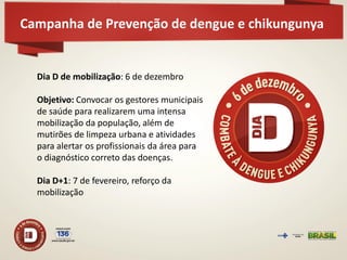 Campanha de Prevenção de dengue e chikungunya 
Dia D de mobilização: 6 de dezembro Objetivo: Convocar os gestores municipais de saúde para realizarem uma intensa mobilização da população, além de mutirões de limpeza urbana e atividades para alertar os profissionais da área para o diagnóstico correto das doenças. Dia D+1: 7 de fevereiro, reforço da mobilização  