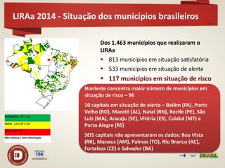 LIRAa 2014 - Situação dos municípios brasileiros 
Dos 1.463 municípios que realizaram o LIRAa 
813 municípios em situação satisfatória 
533 municípios em situação de alerta 
117 municípios em situação de risco 
Nordeste concentra maior número de municípios em situação de risco – 96 10 capitais em situação de alerta – Belém (PA), Porto Velho (RO), Maceió (AL), Natal (RN), Recife (PE), São Luís (MA), Aracaju (SE), Vitória (ES), Cuiabá (MT) e Porto Alegre (RS) SEIS capitais não apresentaram os dados: Boa Vista (RR), Manaus (AM), Palmas (TO), Rio Branco (AC), Fortaleza (CE) e Salvador (BA) 
Satisfatório - IIP < 1,0 Alerta - 1,0 ≤ IIP ≤ 3,9 Risco - 4,0 ≤ IIP Não realizou / Sem informação  