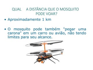 QUAL A DISTÂNCIA QUE O MOSQUITO
PODE VOAR?
• Aproximadamente 1 km
• O mosquito pode também "pegar uma
carona" em um carro ou avião, não tendo
limites para seu alcance.
 