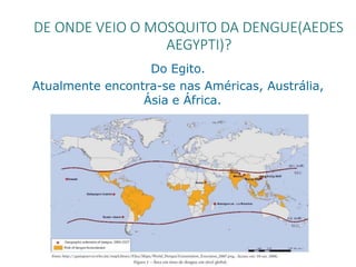 DE ONDE VEIO O MOSQUITO DA DENGUE(AEDES
AEGYPTI)?
Do Egito.
Atualmente encontra-se nas Américas, Austrália,
Ásia e África.
 