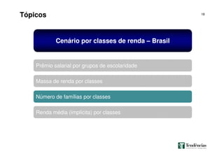 18
Tópicos
Massa de renda por classes
Número de famílias por classes
Prêmio salarial por grupos de escolaridade
Cenário por classes de renda – Brasil
Renda média (implícita) por classes
 