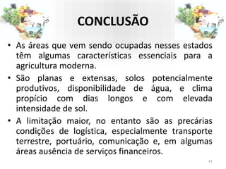 CONCLUSÃO
• As áreas que vem sendo ocupadas nesses estados
têm algumas características essenciais para a
agricultura moderna.
• São planas e extensas, solos potencialmente
produtivos, disponibilidade de água, e clima
propício com dias longos e com elevada
intensidade de sol.
• A limitação maior, no entanto são as precárias
condições de logística, especialmente transporte
terrestre, portuário, comunicação e, em algumas
áreas ausência de serviços financeiros.
41
 