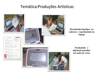 Temática:Produções Artísticas




                           Desenhando logotipos no
                          caderno e reproduzindo no
                                    laptop




                               Produzindo e
                             digitando paródias
                             nas aulas de Artes
 