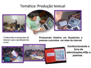 Temática: Produção textual




Conhecendo os programas da     Produzindo História em Quadrinho e
internet para a produção dos   poemas concretos em sites da internet
textos

                                                       Confeccionando o
                                                            livro de
                                                      adivinhações,HQs e
                                                           poemas
 