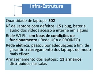Infra-Estrutura

Quantidade de laptops: 502
N° de Laptops com defeitos: 15 ( bug, bateria,
  áudio dos vídeos acesso à interne em alguns
Rede WI-FI: em boas de condições de
  funcionamento ( Rede UCA e PROINFO)
Rede elétrica: passou por adequações a fim de
  garantir o carregamento dos laptops de modo
  mais eficaz
Armazenamento dos laptops: 11 armários
  distribuídos nas salas
 