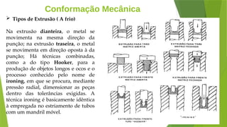Conformação Mecânica
 Tipos de Extrusão ( A frio)
Na extrusão dianteira, o metal se
movimenta na mesma direção da
punção; na extrusão traseira, o metal
se movimenta em direção oposta à da
punção; Há técnicas combinadas,
como a do tipo Hooker, para a
produção de objetos longos e ocos e o
processo conhecido pelo nome de
ironing, em que se procura, mediante
pressão radial, dimensionar as peças
dentro das tolerâncias exigidas. A
técnica ironing é basicamente idêntica
à empregada no estriamento de tubos
com um mandril móvel.
 
