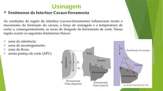 Usinagem
 Fenômenos da Interface Cavaco-Ferramenta
As condições da região de interface (cavaco-ferramenta) influenciam muito o
mecanismo de formação do cavaco, a força de usinagem e a temperatura de
corte; e, consequentemente, as taxas de desgaste da ferramenta de corte. Nessa
região ocorre os seguintes fenômenos físicos:
o zona de aderência;
o zona de escorregamento;
o zona de fluxo;
o aresta postiça de corte (APC).
 