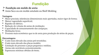 Fundição
 Areia Seca ou em molde estufado ou Shell Molding
Vantagens
 Maior precisão, tolerâncias dimensionais mais apertadas, maior rigor de forma;
 Menor rugosidade superficial;
 Rapidez de fabrico;
 Redução do volume de areias de moldação;
 Capacidade de armazenamento das carapaças;
 Moldações leves;
 Processo mais econômico que os de areia para produção de séries de peças;
Desvantagens
 Custo mais elevado das areias pré-revestidas;
 Custo mais elevado das placas modelo;
 Limitação do processo a peças pequenas e médias;
 Areias não recicláveis economicamente;
 Espessuras mínimas obtidas de 6mm;
 Fundição em molde de areia
 