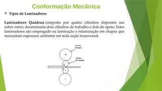 Conformação Mecânica
 Tipos de Laminadores
Laminadores Quádruo composto por quatro cilindros dispostos um
sobre outro, denominado dois cilindros de trabalho e dois de apoio. Estes
laminadores são empregado na laminação e relaminação em chapas que
necessitam espessura uniforme em toda seção transversal.
 