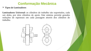 Conformação Mecânica
 Tipos de Laminadores
Laminadores Universal: os cilindros de trabalho são suportados, cada
um deles, por dois cilindros de apoio. Este sistema permite grandes
reduções de espessura em cada passagem através dos cilindros de
trabalho.
 