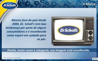 Mesmo fora do país desde 2000, Dr. Scholl’s tem boa lembrança por parte de alguns consumidores e é reconhecida como expert em cuidado para os pés. Fonte: Pesquisa U&A Schering-Plough A Marca Porém, assim como a categoria, sua imagem está envelhecida. 