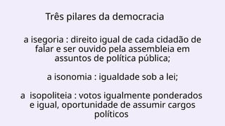 a isegoria : direito igual de cada cidadão de
falar e ser ouvido pela assembleia em
assuntos de política pública;
a isonomia : igualdade sob a lei;
a isopoliteia : votos igualmente ponderados
e igual, oportunidade de assumir cargos
políticos
Três pilares da democracia
 
