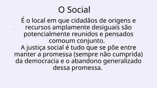 O Social
E
É o local em que cidadãos de origens e
recursos amplamente desiguais são
potencialmente reunidos e pensados
comoum conjunto.
A justiça social é tudo que se põe entre
manter a promessa (sempre não cumprida)
da democracia e o abandono generalizado
dessa promessa.
 