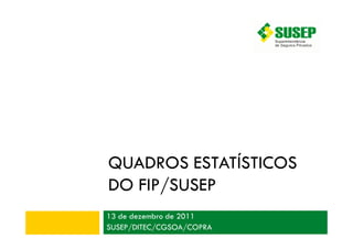QUADROS ESTATÍSTICOS
DO FIP/SUSEP
13 de dezembro de 2011
SUSEP/DITEC/CGSOA/COPRA
 