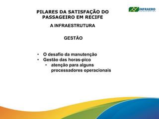 PILARES DA SATISFAÇÃO DO
PASSAGEIRO EM RECIFE
A INFRAESTRUTURA
GESTÃO
• O desafio da manutenção
• Gestão das horas-pico
• atenção para alguns
processadores operacionais
 