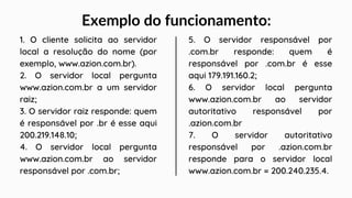 1. O cliente solicita ao servidor
local a resolução do nome (por
exemplo, www.azion.com.br).
2. O servidor local pergunta
www.azion.com.br a um servidor
raiz;
3. O servidor raiz responde: quem
é responsável por .br é esse aqui
200.219.148.10;
4. O servidor local pergunta
www.azion.com.br ao servidor
responsável por .com.br;
5. O servidor responsável por
.com.br responde: quem é
responsável por .com.br é esse
aqui 179.191.160.2;
6. O servidor local pergunta
www.azion.com.br ao servidor
autoritativo responsável por
.azion.com.br
7. O servidor autoritativo
responsável por .azion.com.br
responde para o servidor local
www.azion.com.br = 200.240.235.4.
Exemplo do funcionamento:
 