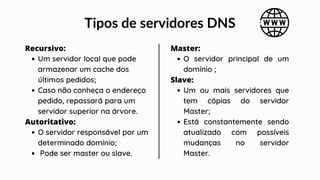 Tipos de servidores DNS
Recursivo:
Um servidor local que pode
armazenar um cache dos
últimos pedidos;
Caso não conheça o endereço
pedido, repassará para um
servidor superior na árvore.
Autoritativo:
O servidor responsável por um
determinado domínio;
Pode ser master ou slave.
Master:
O servidor principal de um
domínio ;
Slave:
Um ou mais servidores que
tem cópias do servidor
Master;
Está constantemente sendo
atualizado com possíveis
mudanças no servidor
Master.
 