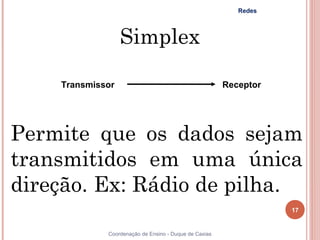 Redes



                  Simplex

    Transmissor                                        Receptor




Permite que os dados sejam
transmitidos em uma única
direção. Ex: Rádio de pilha.
                                                                  17


             Coordenação de Ensino - Duque de Caxias
 