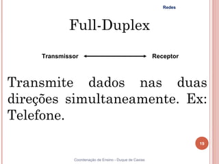 Redes



             Full-Duplex
     Transmissor                                        Receptor



Transmite dados nas duas
direções simultaneamente. Ex:
Telefone.
                                                                   19


              Coordenação de Ensino - Duque de Caxias
 