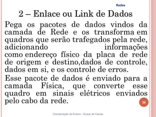 Redes


   2 – Enlace ou Link de Dados
Pega os pacotes de dados vindos da
camada de Rede e os transforma em
quadros que serão trafegados pela rede,
adicionando                  informações
como endereço físico da placa de rede
de origem e destino,dados de controle,
dados em si, e os controle de erros.
Esse pacote de dados é enviado para a
camada Física, que converte esse
quadro em sinais elétricos enviados
pelo cabo da rede.                                             30


             Coordenação de Ensino - Duque de Caxias
 