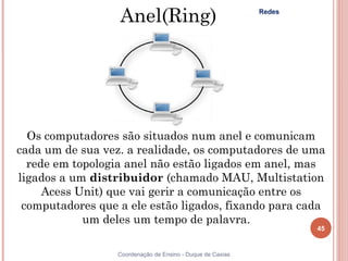 Anel(Ring)                                Redes




  Os computadores são situados num anel e comunicam
cada um de sua vez. a realidade, os computadores de uma
  rede em topologia anel não estão ligados em anel, mas
ligados a um distribuidor (chamado MAU, Multistation
     Acess Unit) que vai gerir a comunicação entre os
 computadores que a ele estão ligados, fixando para cada
            um deles um tempo de palavra.   
                                                                    45


                  Coordenação de Ensino - Duque de Caxias
 